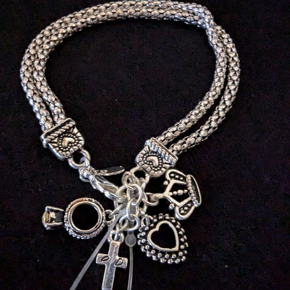 Premier Designs Charm Double Strand Bracelet Silver - Cross Ring Heart charms 7" - Picture 1 of 5
